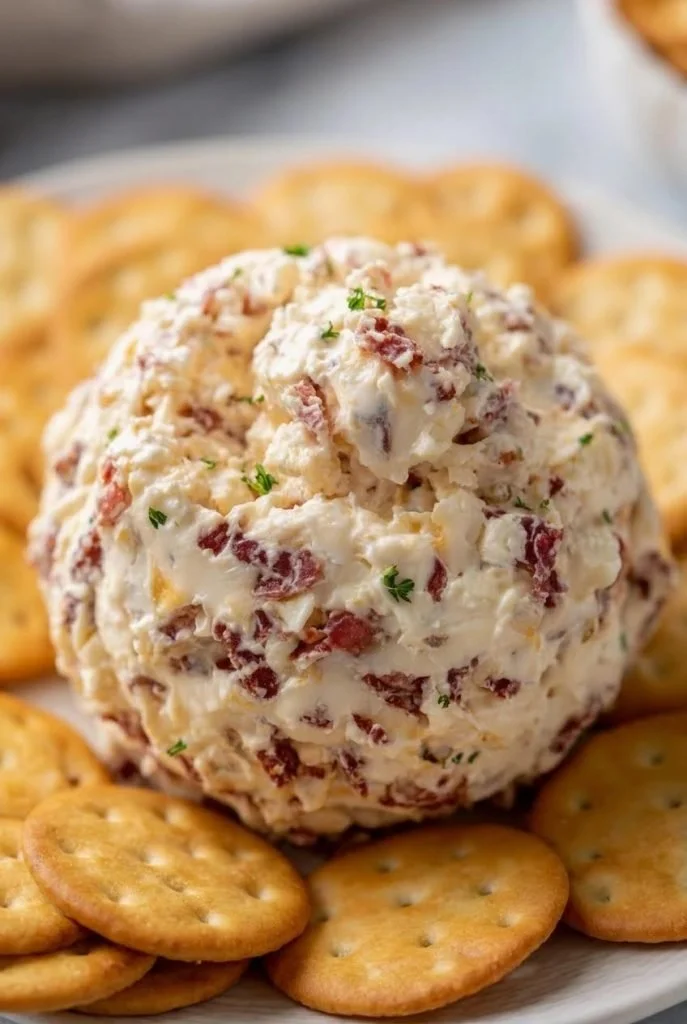 Chipped Beef Cheese Ball appetizer made with cream cheese, cheddar, and beef.