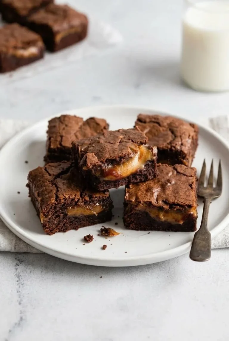 Delicious chocolate caramel brownies topped with melting caramel sauce