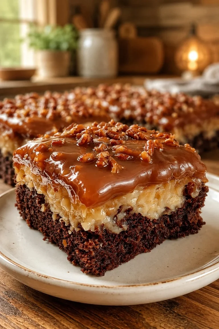 Decadent Chocolate Caramel Turtle Cake with chocolate, caramel, and pecan topping