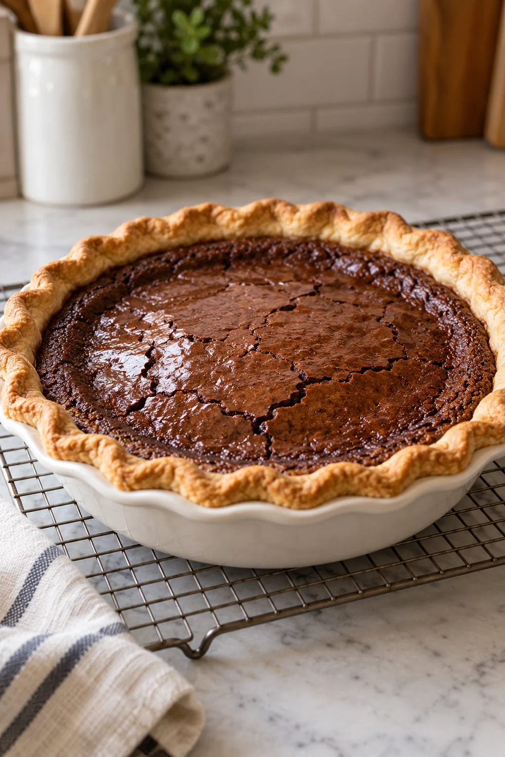 Baked chocolate chess pie cooling in its pie plate