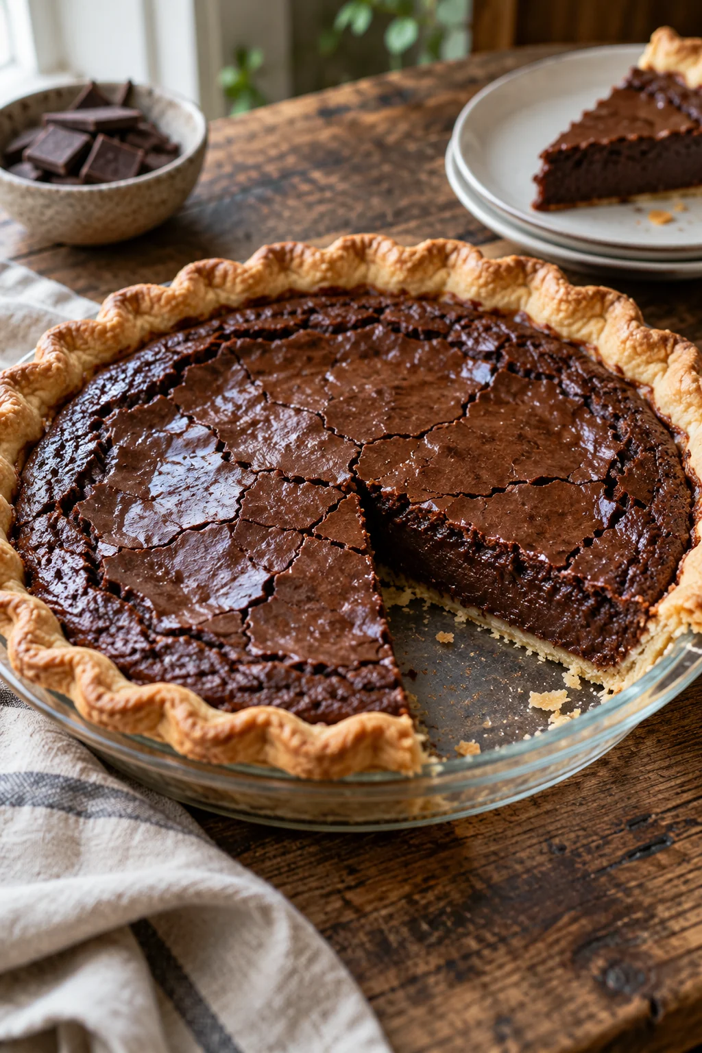 Four-ingredient chocolate chess pie with a glossy cracked top and one slice removed