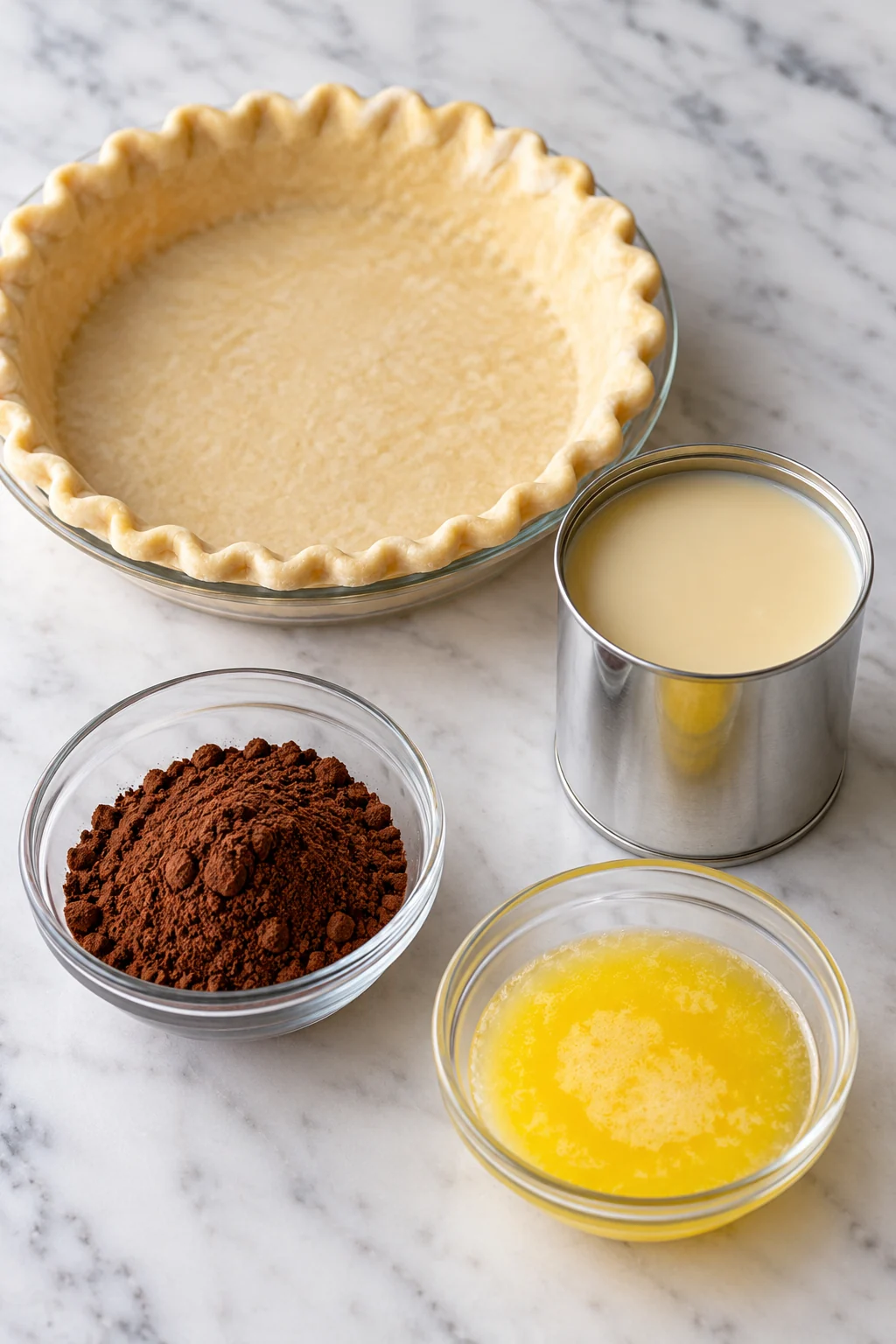 Pie crust, sweetened condensed milk, cocoa powder and melted butter