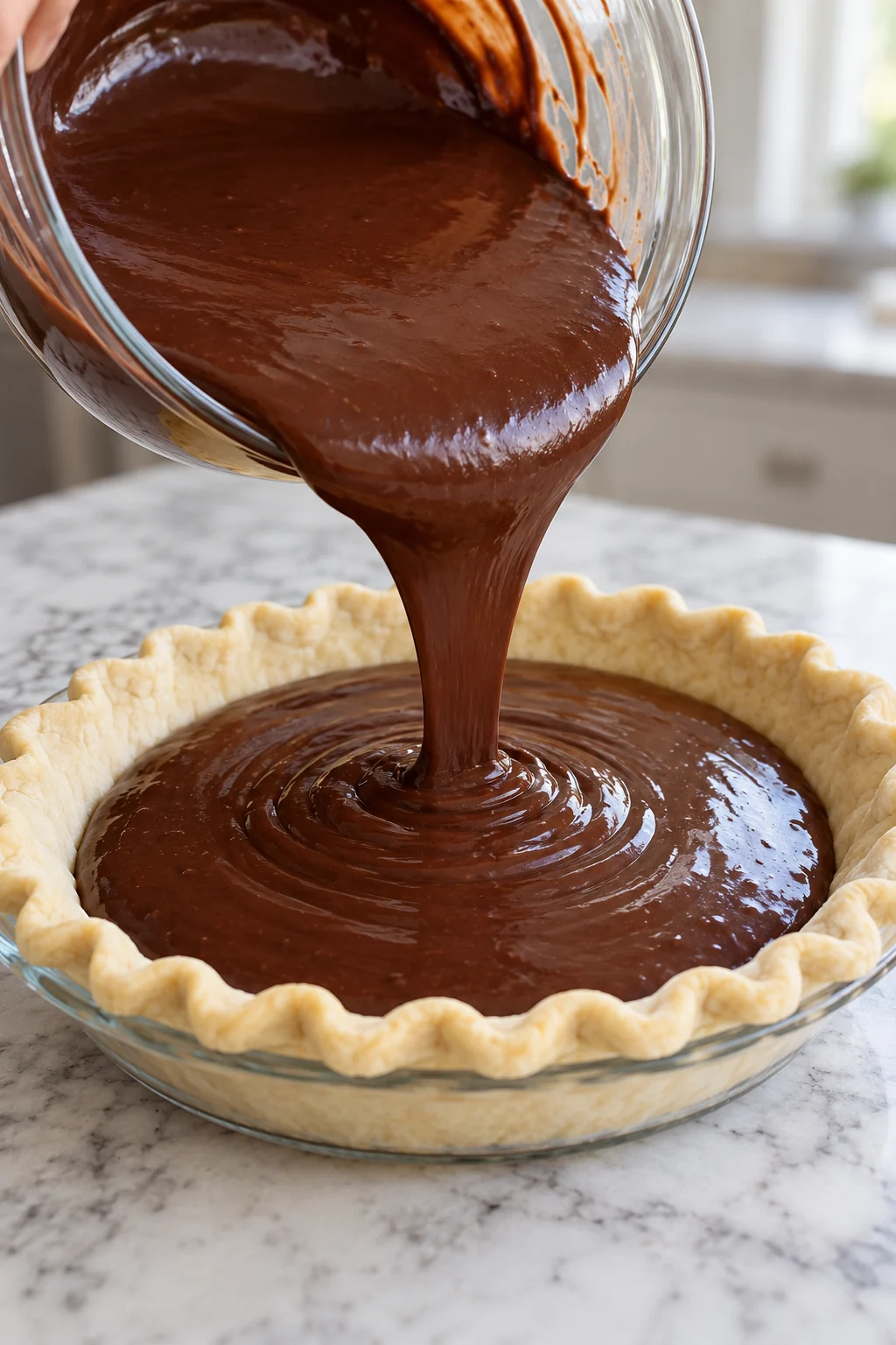 Chocolate filling being poured into an unbaked pie crust