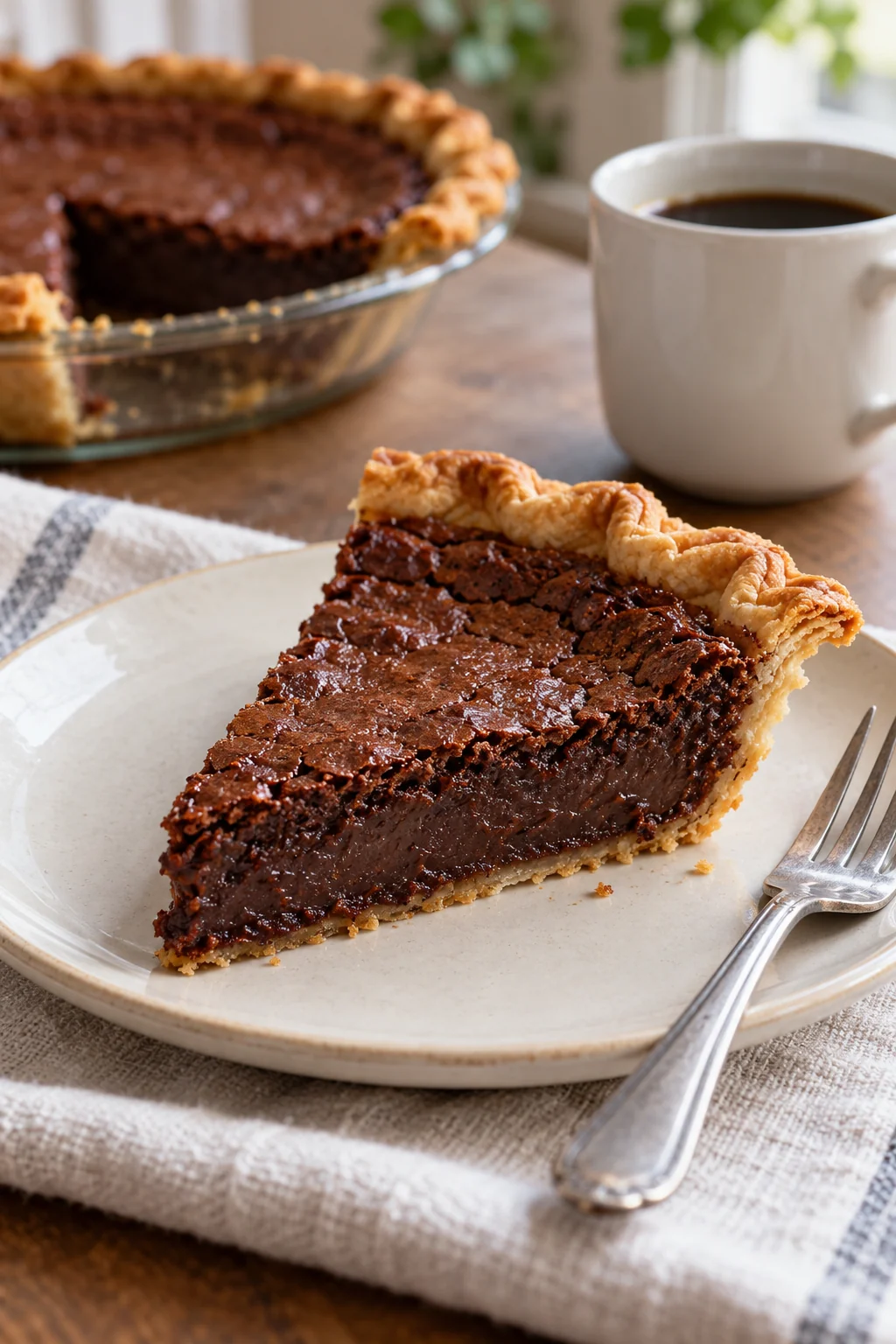 Slice of chocolate chess pie on a plate