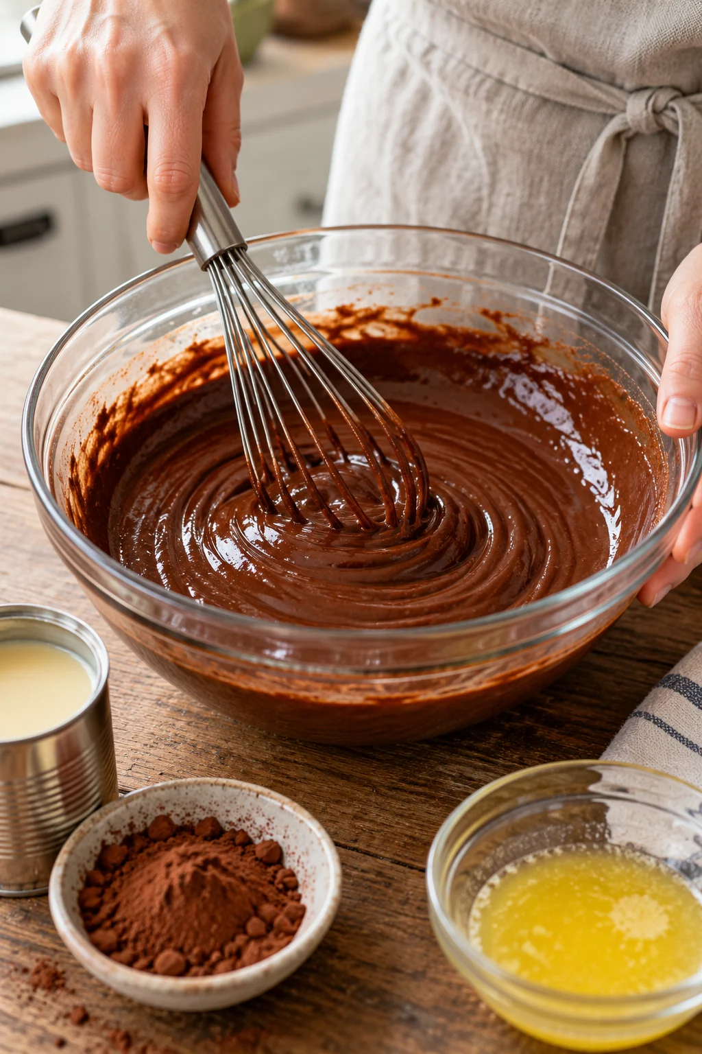 Chocolate pie filling being whisked in a mixing bowl
