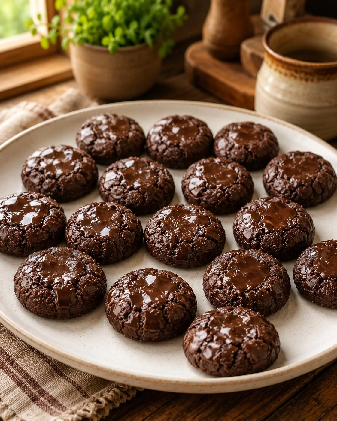 Delicious chocolate crinkle cookies dusted with powdered sugar on a baking sheet.