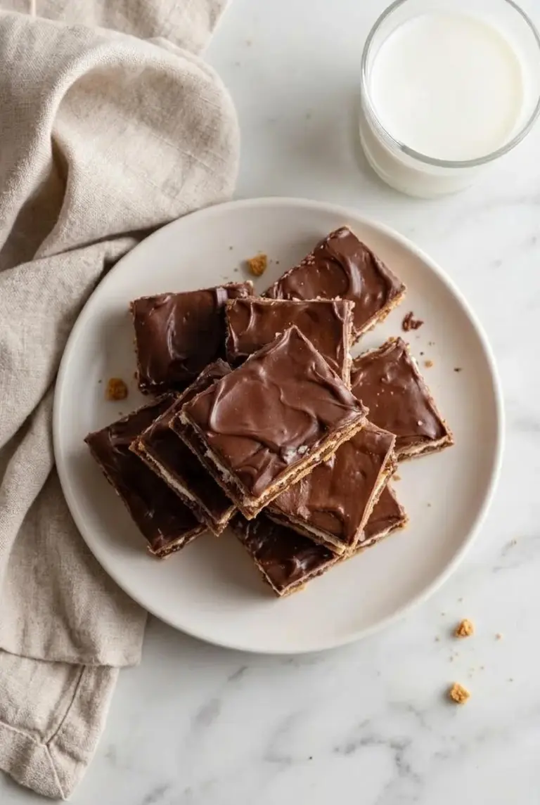 Chocolate graham cracker bars stacked on a white plate