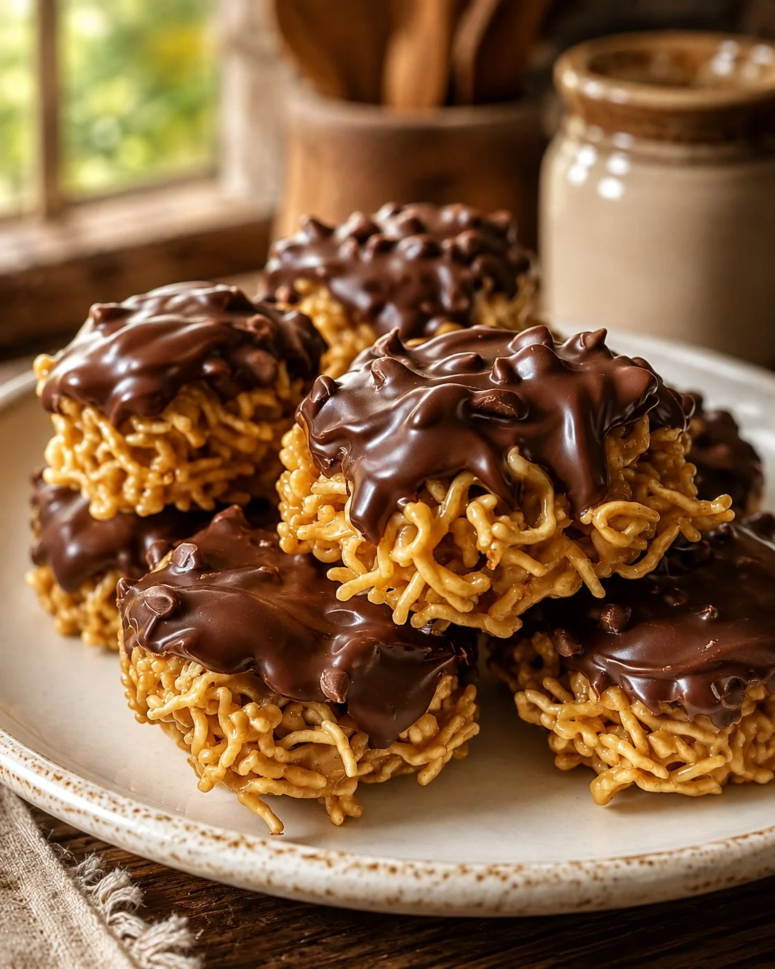 Delicious Chocolate Peanut Butter Haystacks on a plate