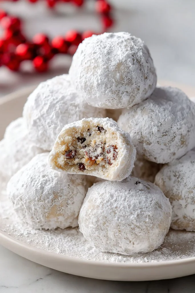 Plate of Chocolate Pecan Snowballs cookies dusted with powdered sugar