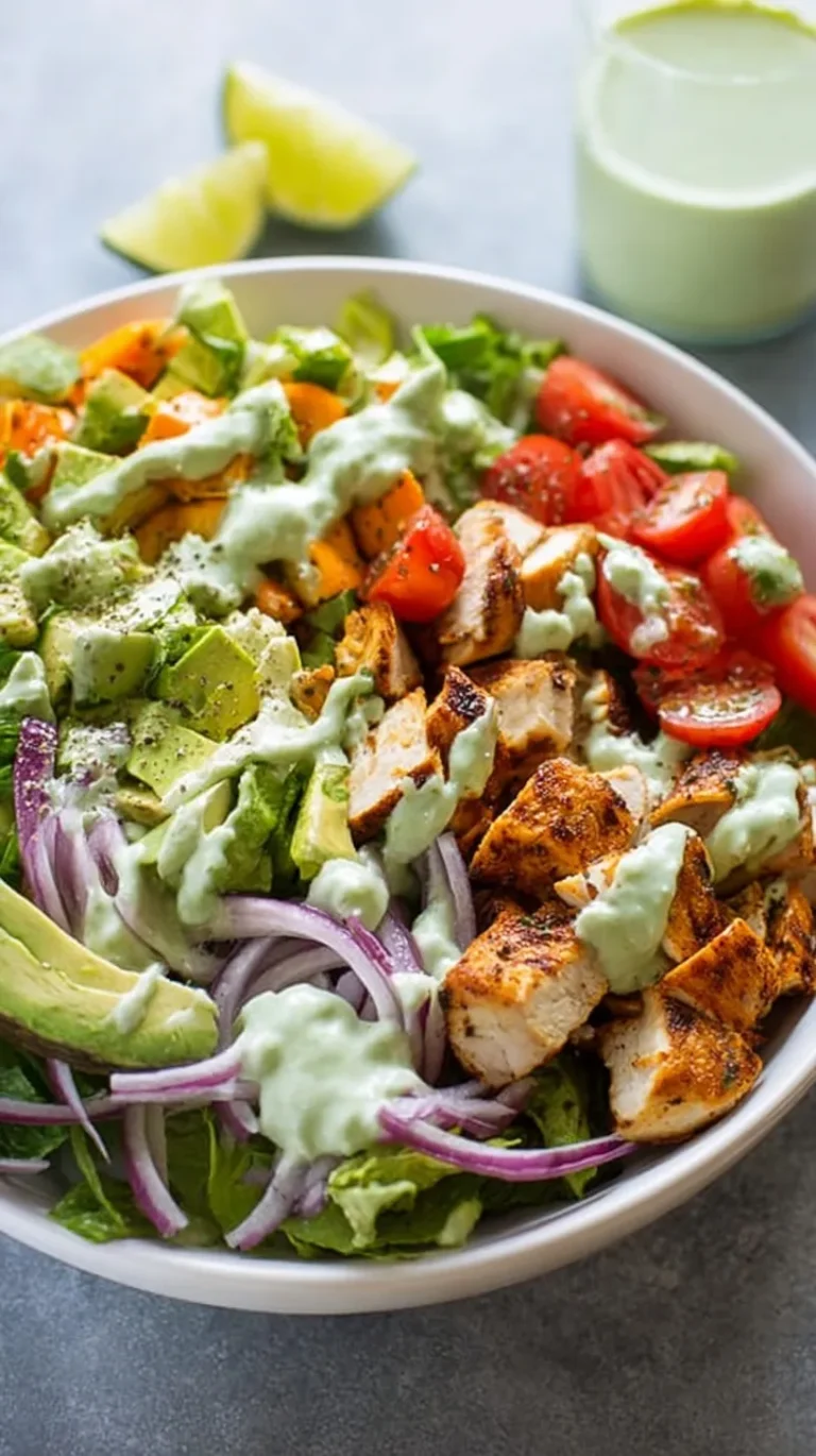 A vibrant chopped chicken salad in a large bowl with creamy green avocado dressing