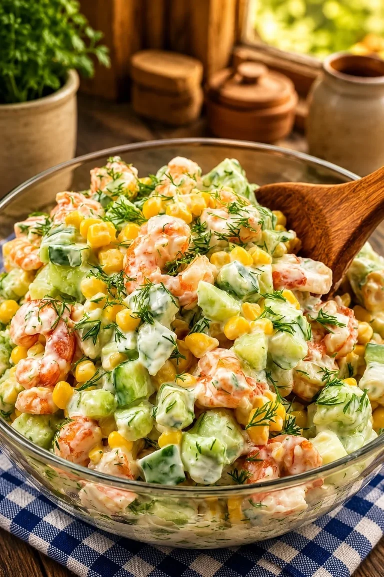 Chopped shrimp salad with fresh vegetables and dressing on a plate