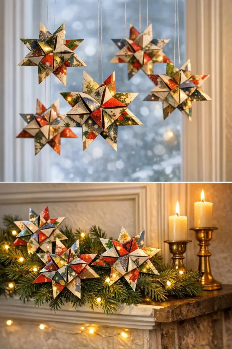 Woven Christmas card stars hanging as holiday decorations