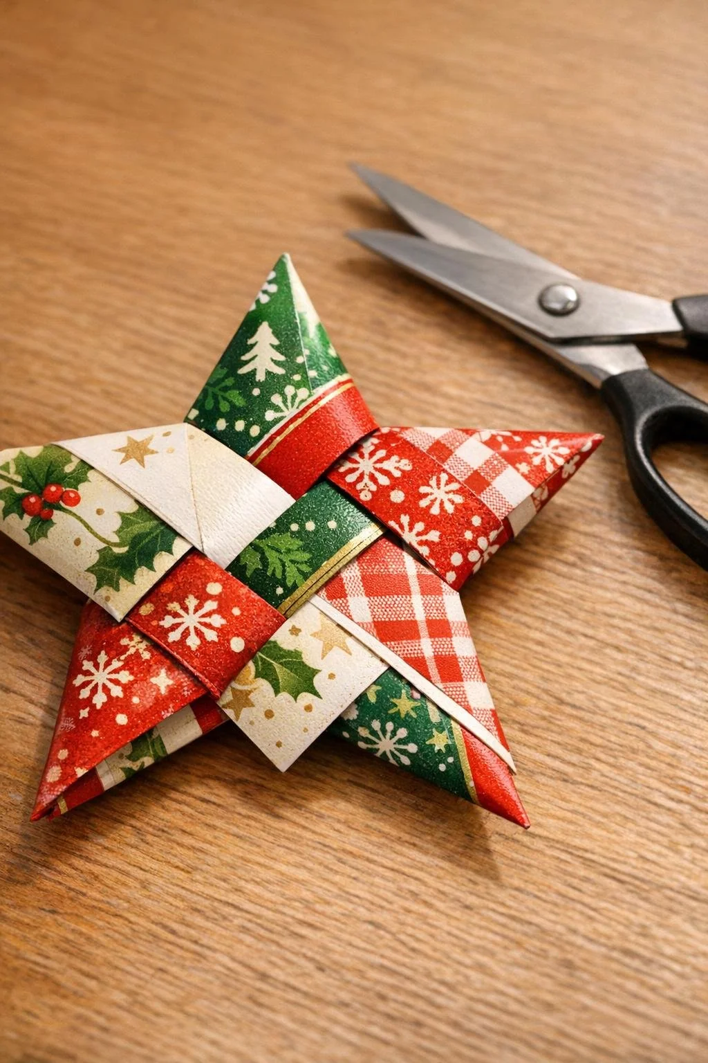 A woven patterned star showing its flat outer points