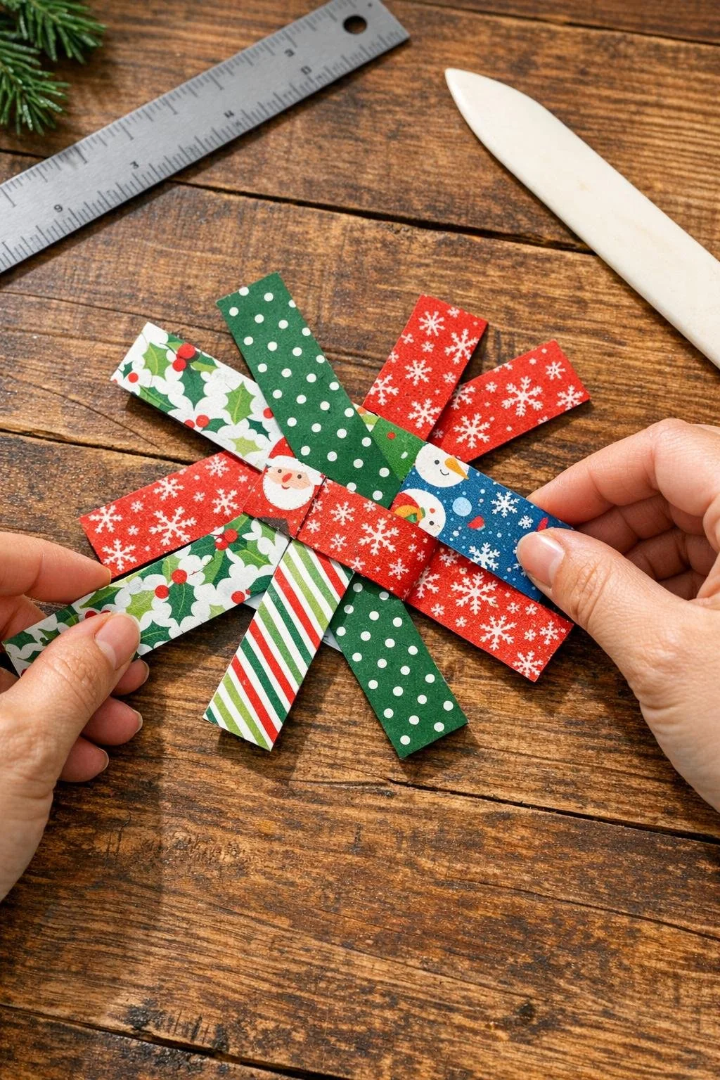 Folded patterned card strips arranged for weaving