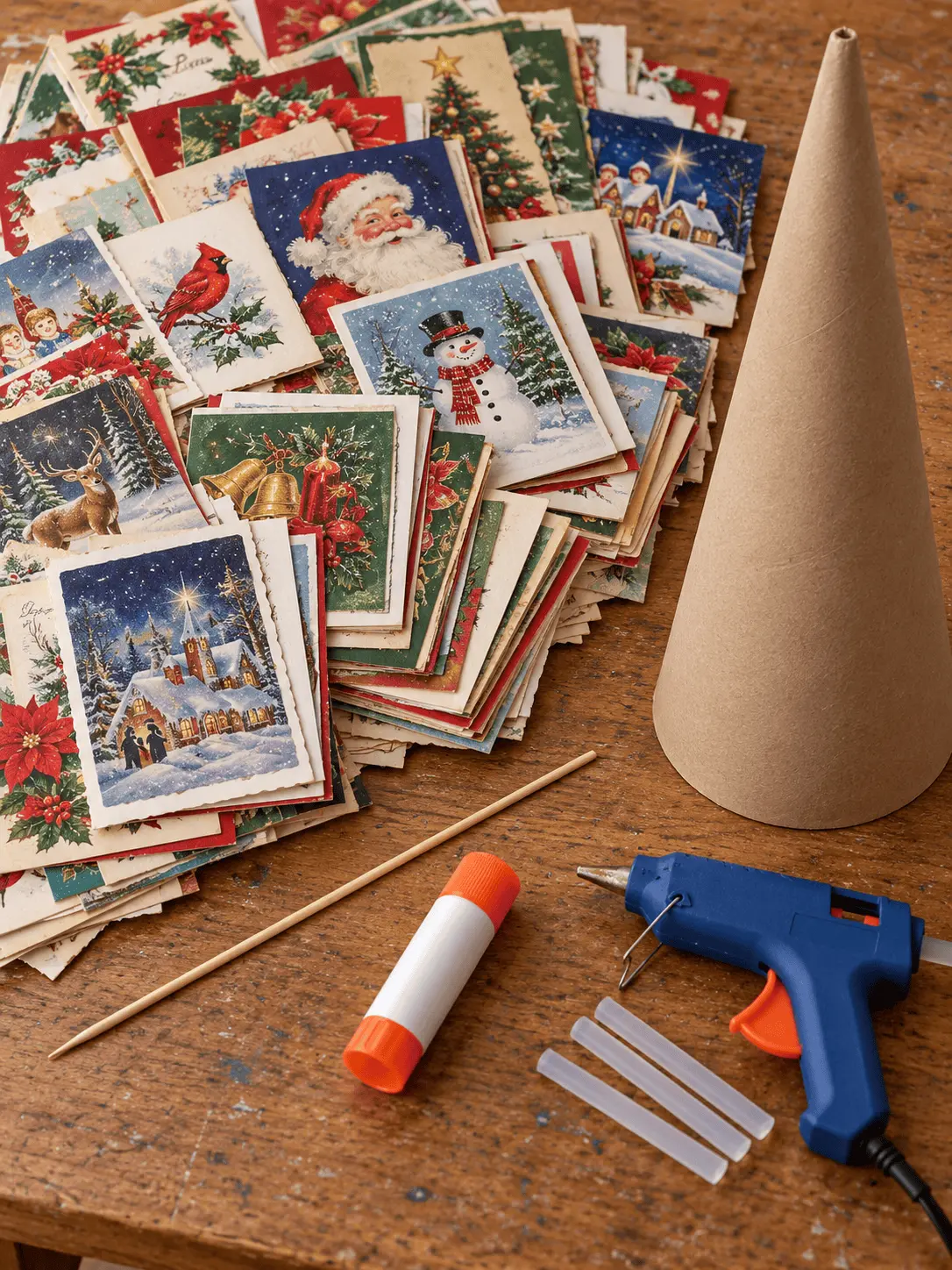 Finished tabletop Christmas tree made with rolled old cards