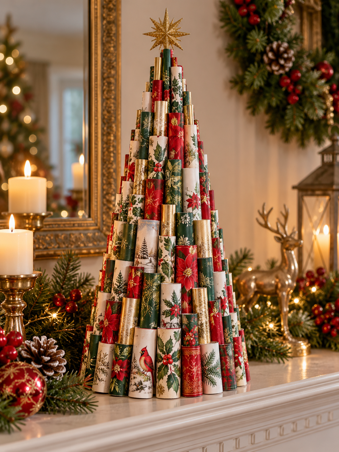 Old holiday cards, cardboard cone, skewer and glue supplies
