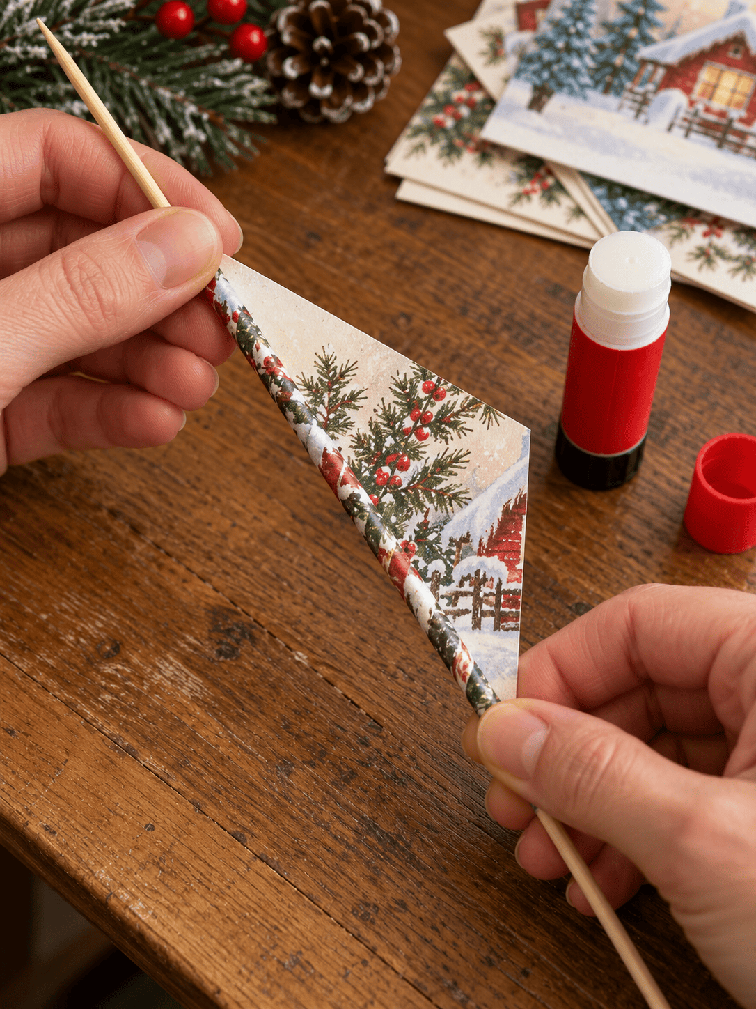 Hands rolling a Christmas card around a wooden skewer