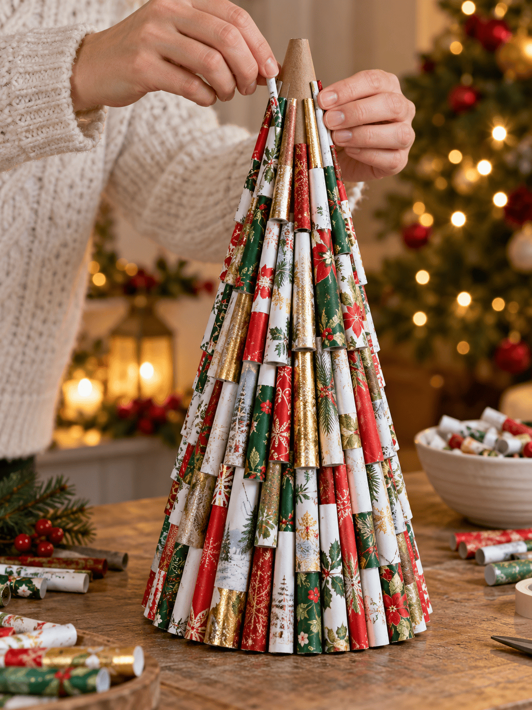 Rolled Christmas card tubes covering most of a cardboard cone