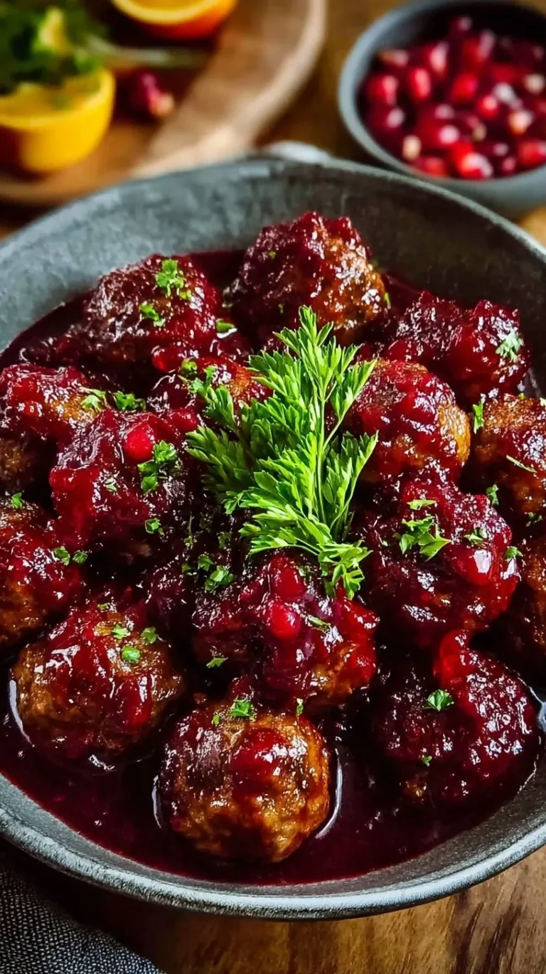 A tray of glazed Christmas Cranberry Meatballs with toothpicks on a festive holiday platter.