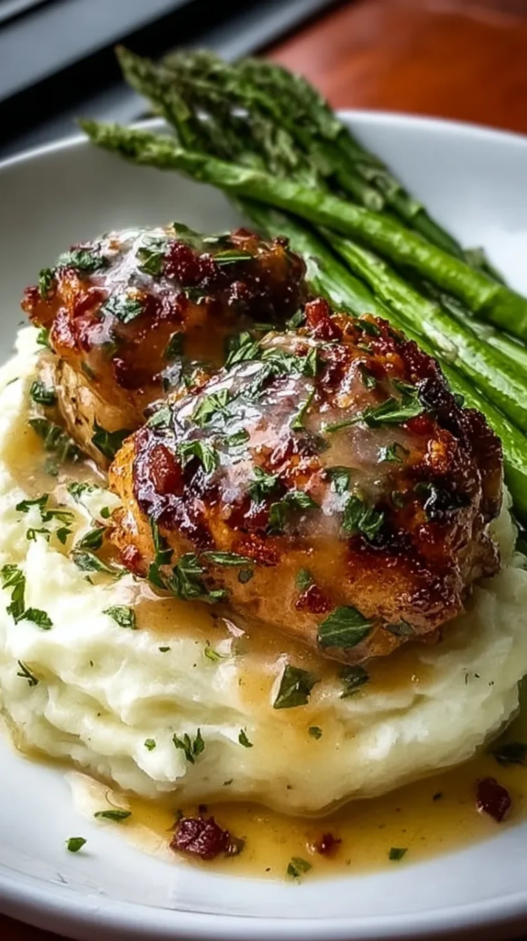 Crispy chicken thighs in a creamy sundried tomato sauce served over mashed potatoes with a side of asparagus.