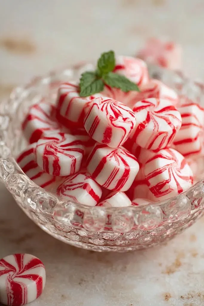 A colorful assortment of Christmas Peppermints arranged in festive holiday styles.