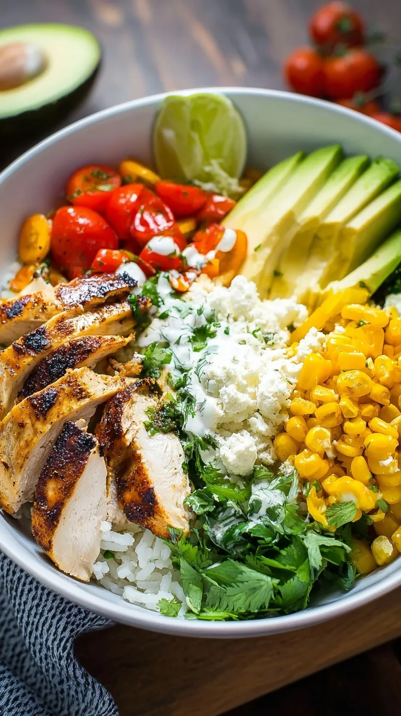 A colorful chicken burrito bowl with cilantro lime rice, black beans, corn, and avocado slices.