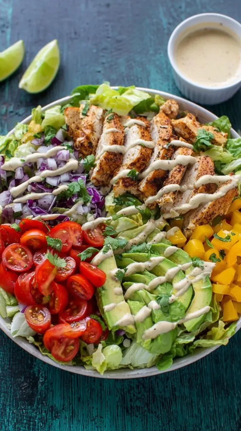 A fresh cilantro lime chicken salad with avocado and chipotle ranch dressing in a bowl