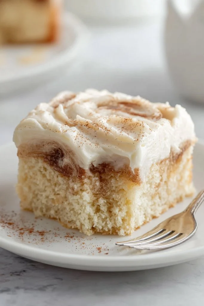 Delicious cinnamon roll poke cake with cream cheese frosting and cinnamon swirl.
