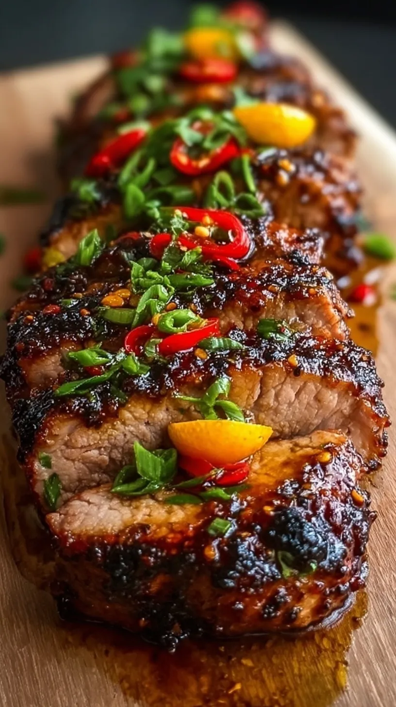 Sliced citrus-chili glazed pork tenderloin medallions on a cutting board with fresh lime wedges.