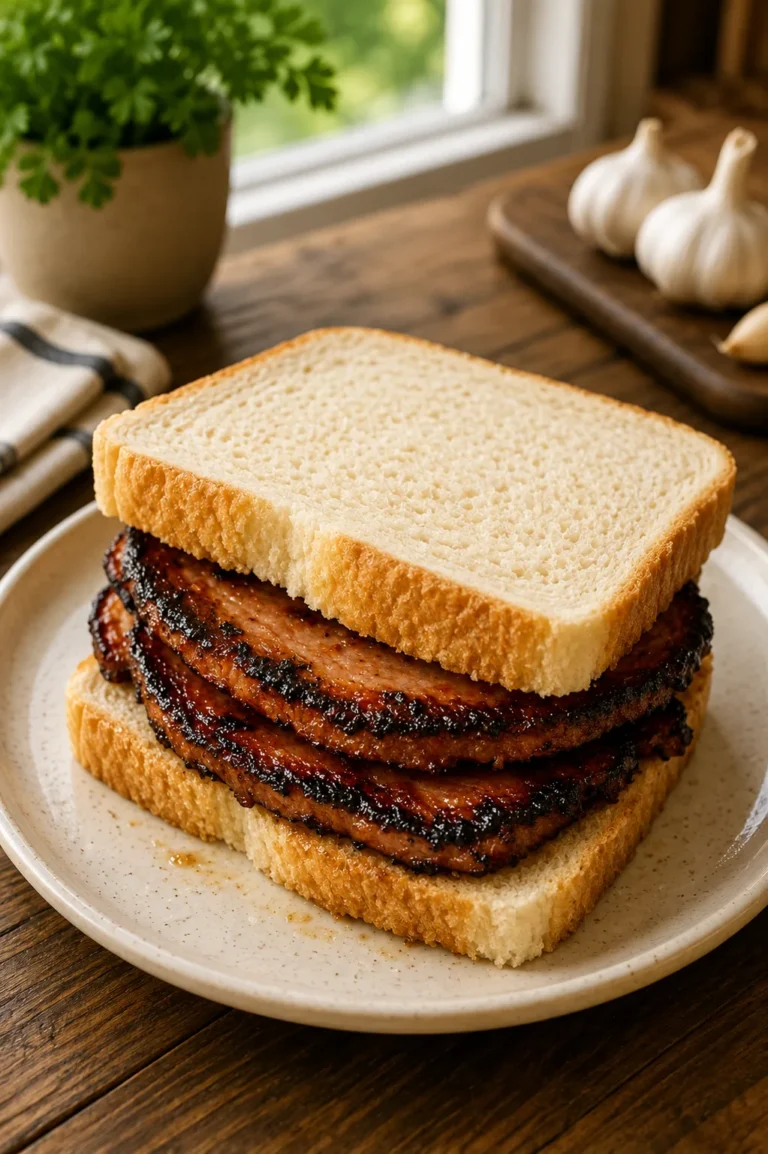 Classic 3-Ingredient Fried Bologna Sandwich made with crispy fried bologna on soft white bread and served with dill pickle chips.
