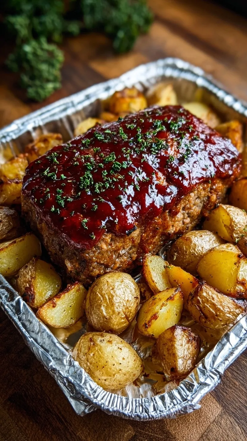 A sliced BBQ glazed meatloaf on a sheet pan surrounded by roasted Yukon Gold potatoes.