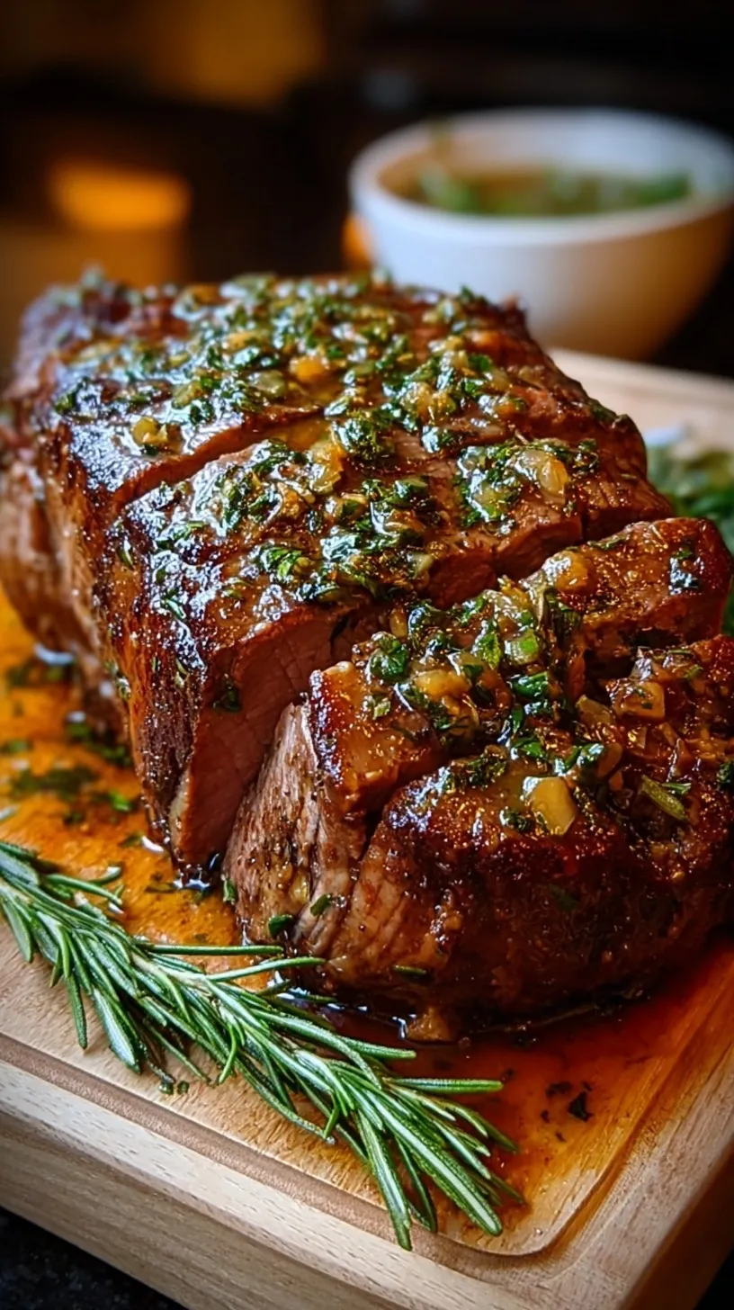 A sliced herb butter beef roast on a wooden cutting board with fresh rosemary sprigs.