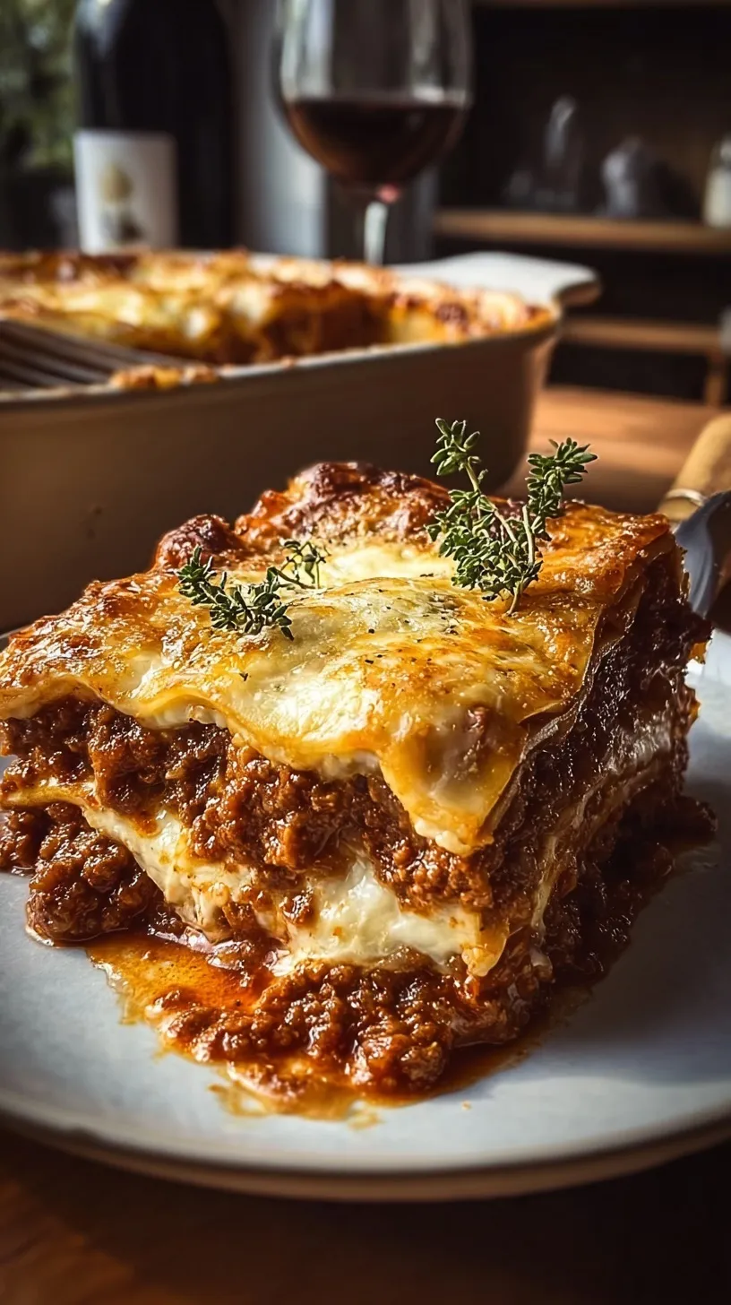 A bubbling dish of classic beef and pork lasagna with melted mozzarella and golden edges.