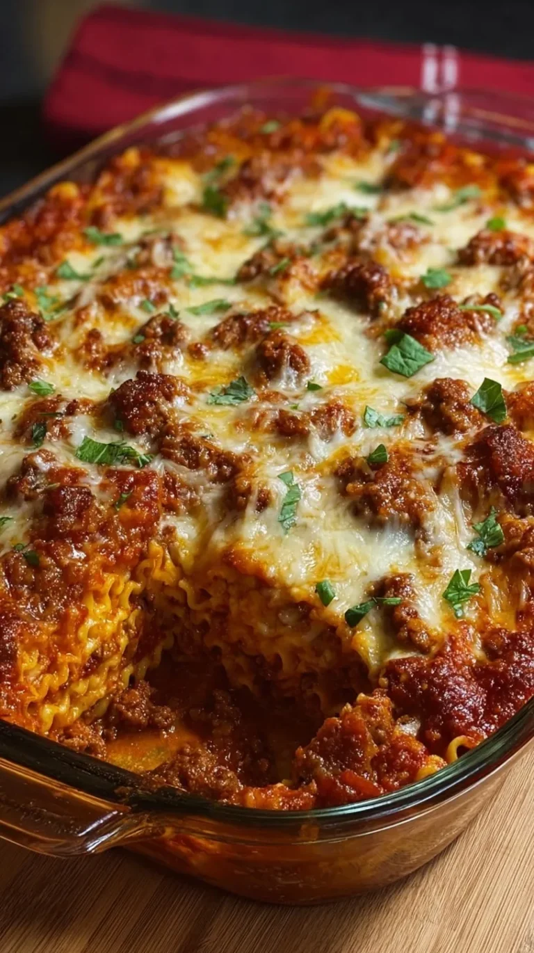 A close-up shot of a slice of cheesy beef lasagna bake with melted mozzarella and fresh parsley on top.