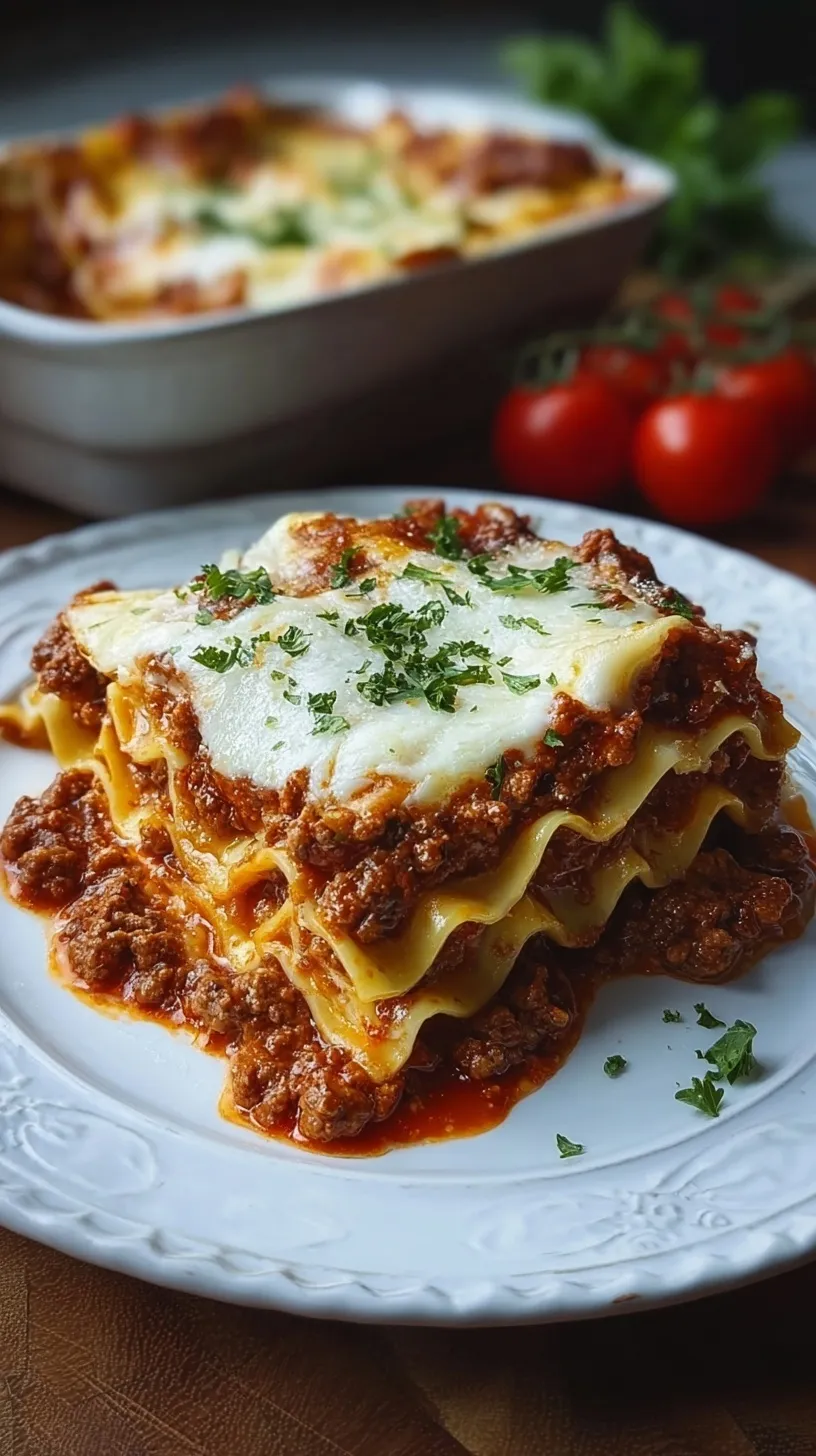 A close-up shot of a sliced piece of cheesy beef lasagna showing layers of meat, pasta, and ricotta cheese.