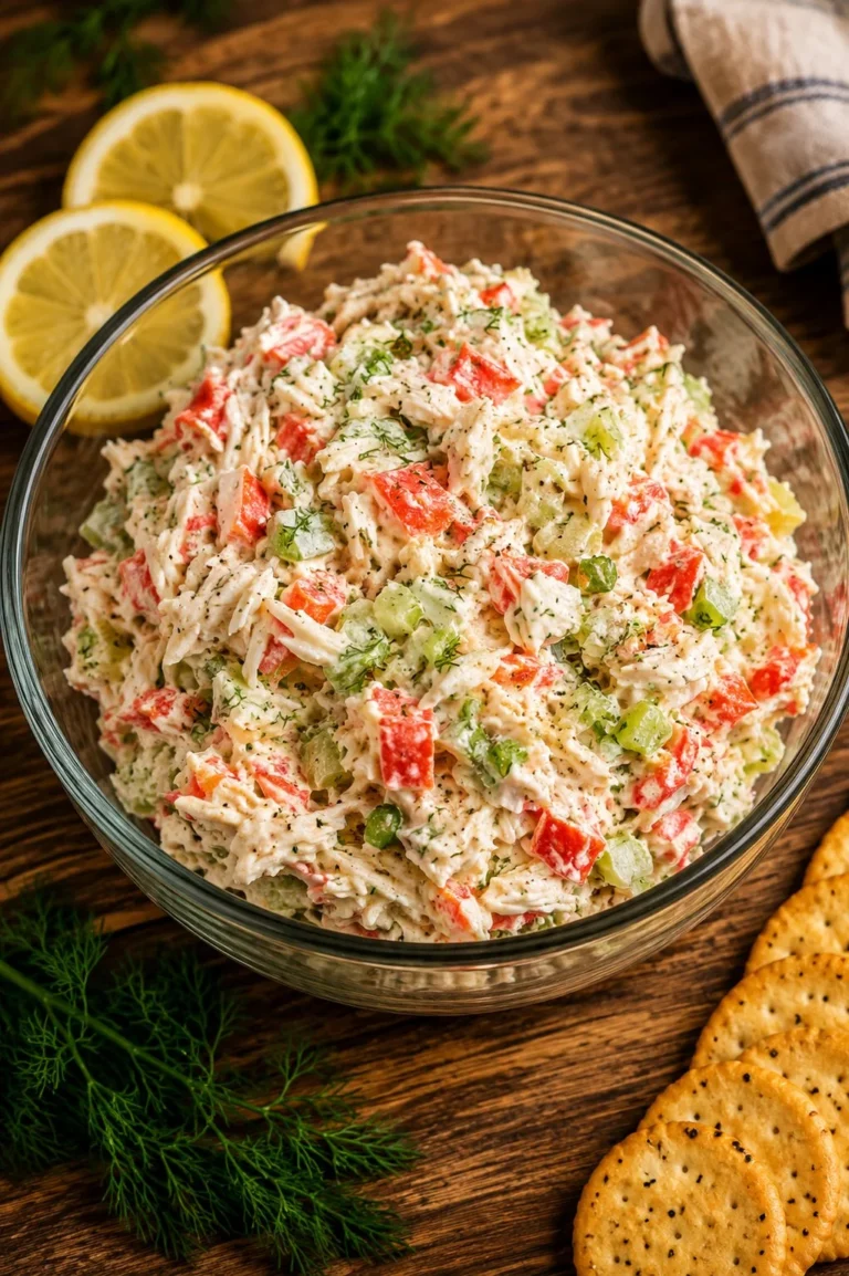 Delicious classic creamy crab salad served in a bowl with fresh herbs.