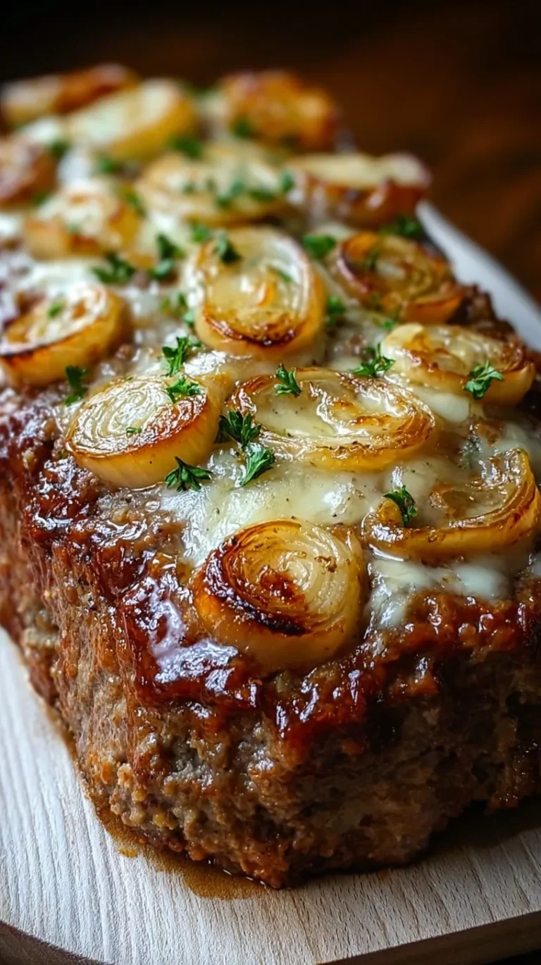 A sliced French Onion Meatloaf topped with melted Gruyère cheese and golden caramelized onions.
