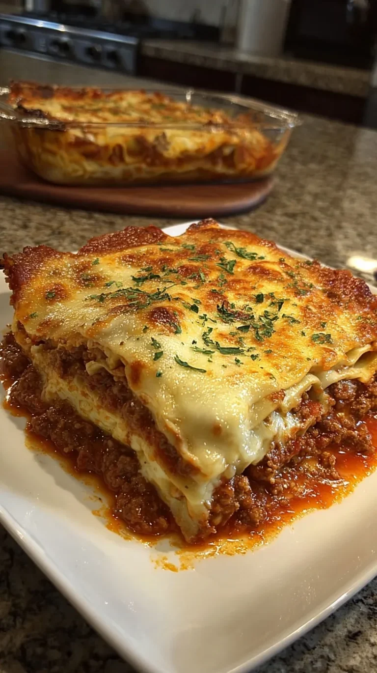 A thick slice of cheesy homemade lasagna with layers of meat sauce and ricotta.