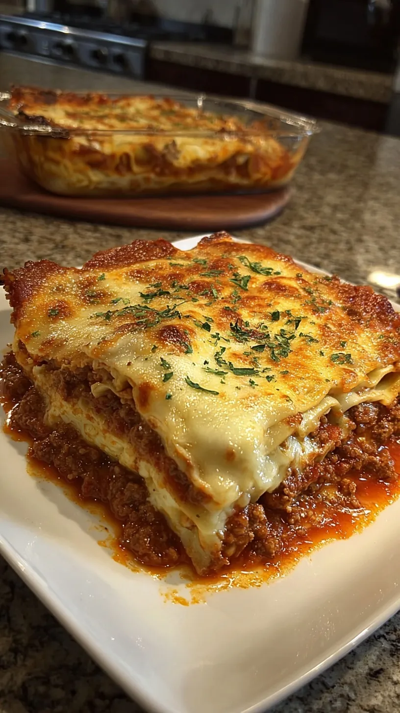 A thick slice of cheesy homemade lasagna with layers of meat sauce and ricotta.