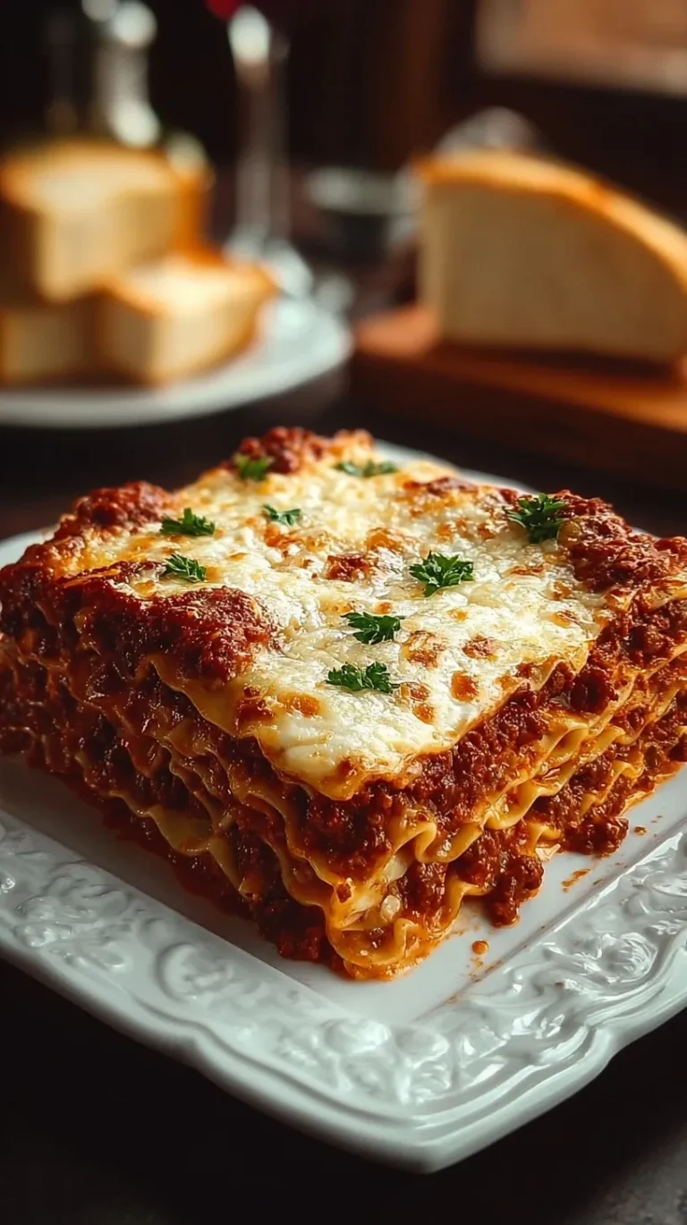 A slice of Classic Italian Lasagna showing layers of meat sauce, pasta, and béchamel