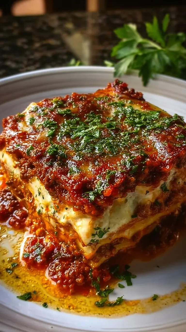 A slice of layered classic Italian lasagna with melted mozzarella and meat sauce.