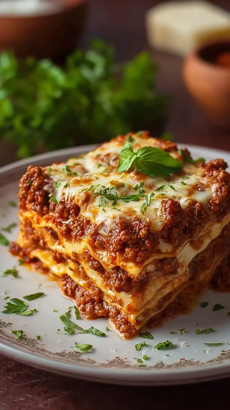 A close-up shot of a layered Italian lasagna with bubbling cheese and rich meat sauce