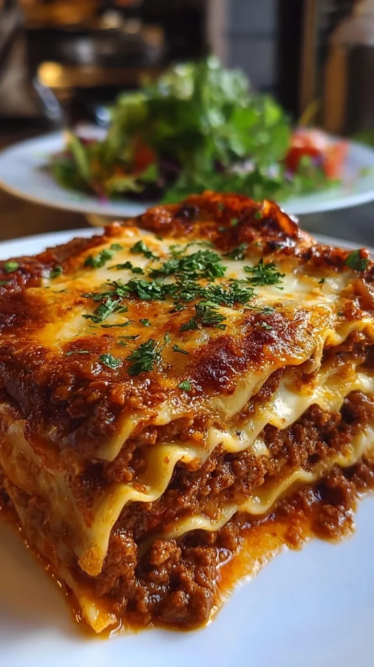 A slice of multi-layered meat lasagna with melted mozzarella and rich tomato sauce on a white plate.