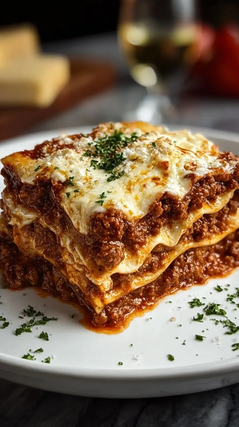 A slice of Classic Meat Lasagna with melted mozzarella and meat sauce