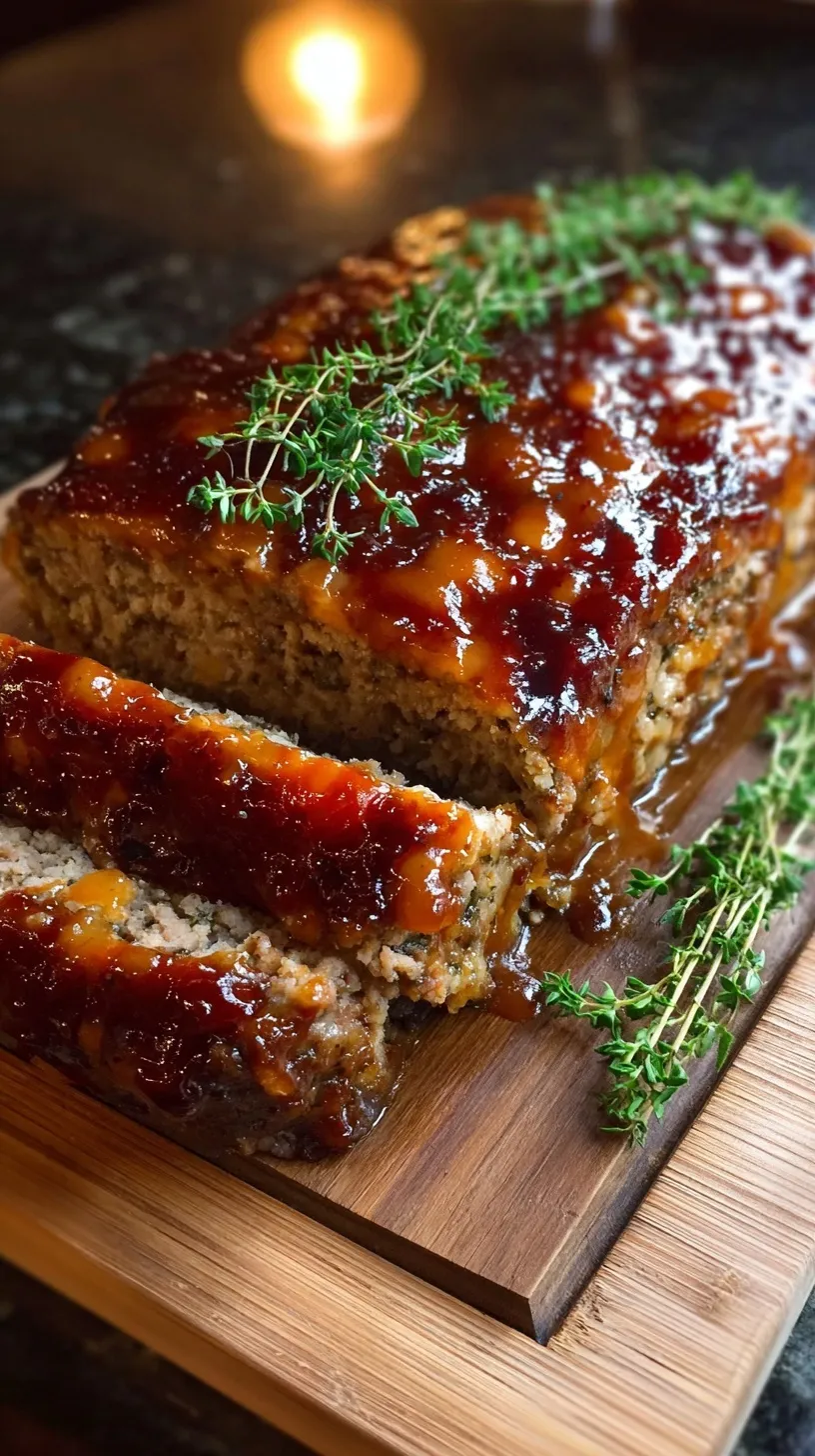 Slices of glazed meatloaf on a white platter with fresh herbs.