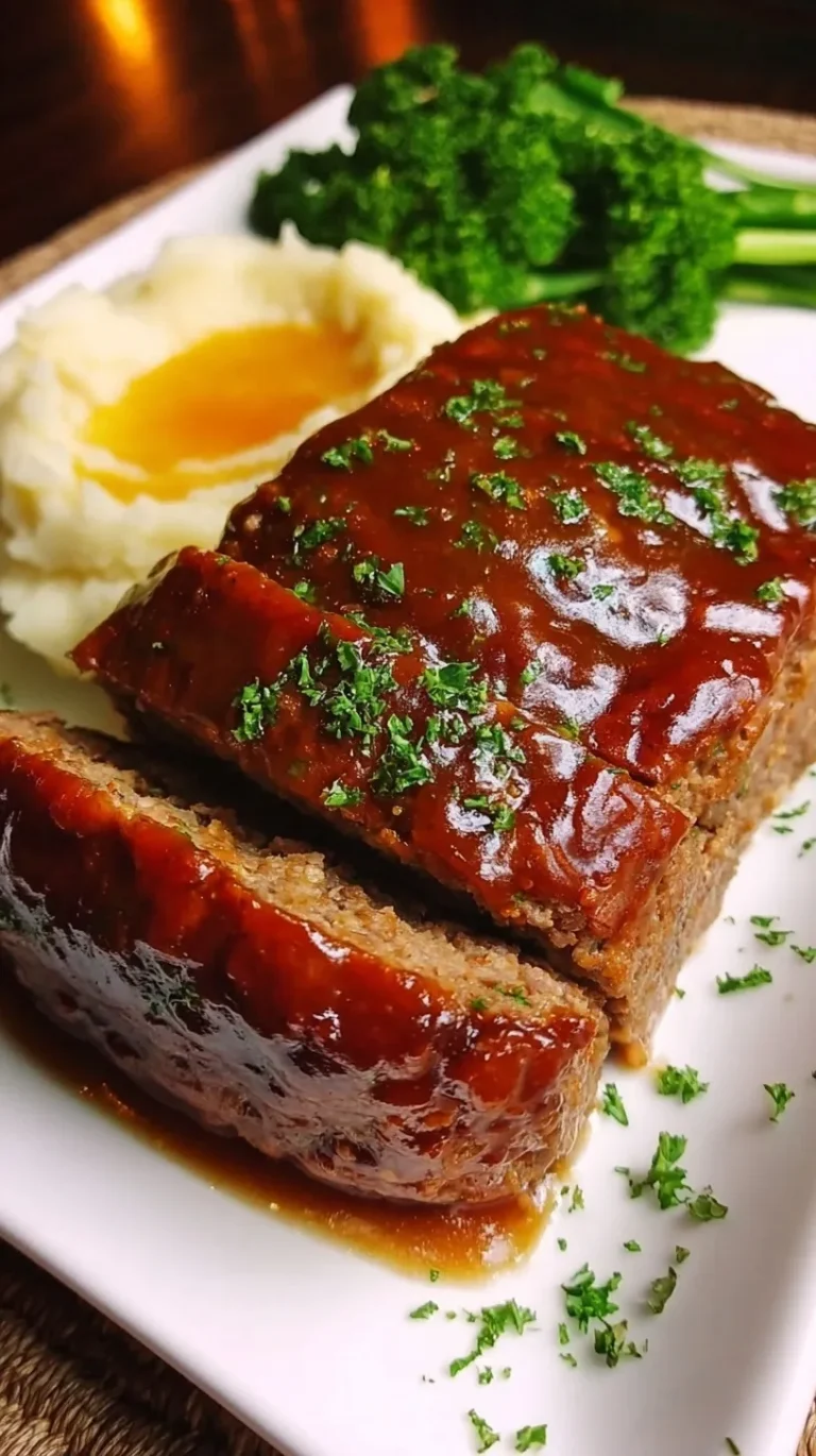 A thick slice of classic meatloaf topped with rich brown gravy on a white plate.