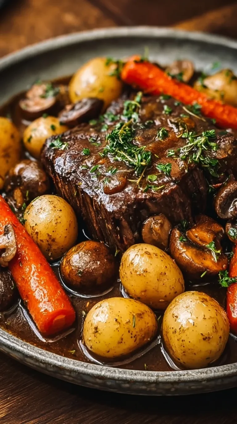 A Dutch oven filled with a tender classic pot roast, baby potatoes, carrots, and mushrooms in a rich brown gravy.
