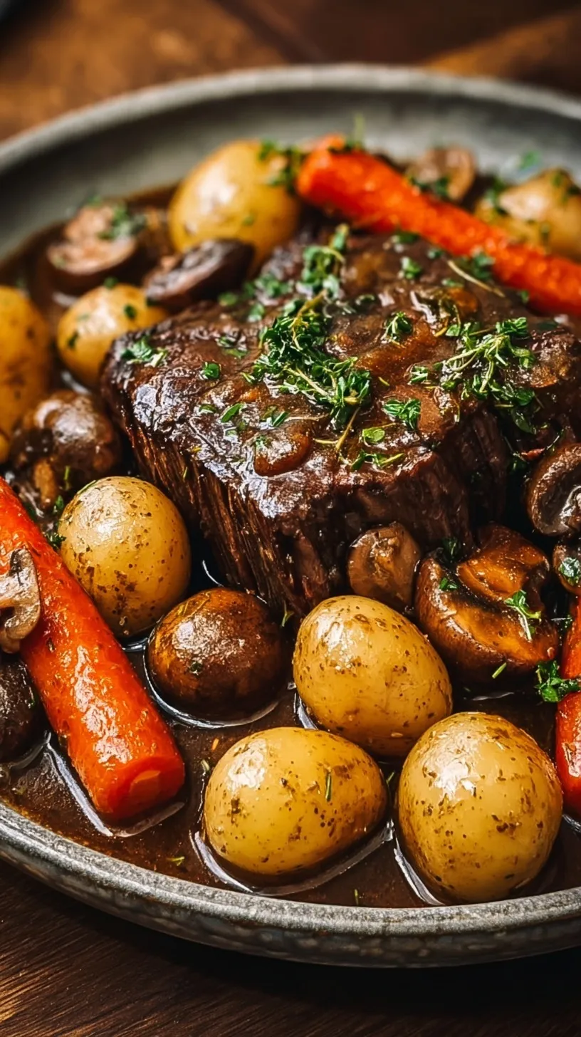 A Dutch oven filled with a tender classic pot roast, baby potatoes, carrots, and mushrooms in a rich brown gravy.