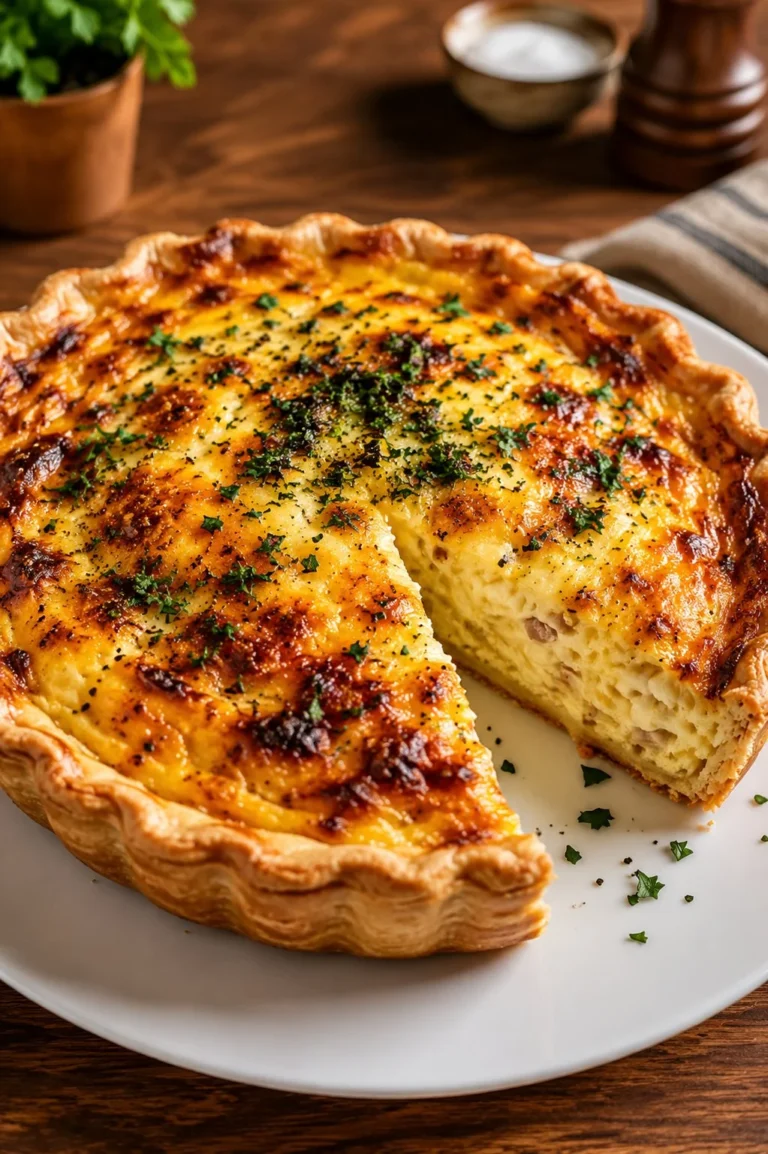Classic Quiche Lorraine with bacon and cheese on a rustic wooden table