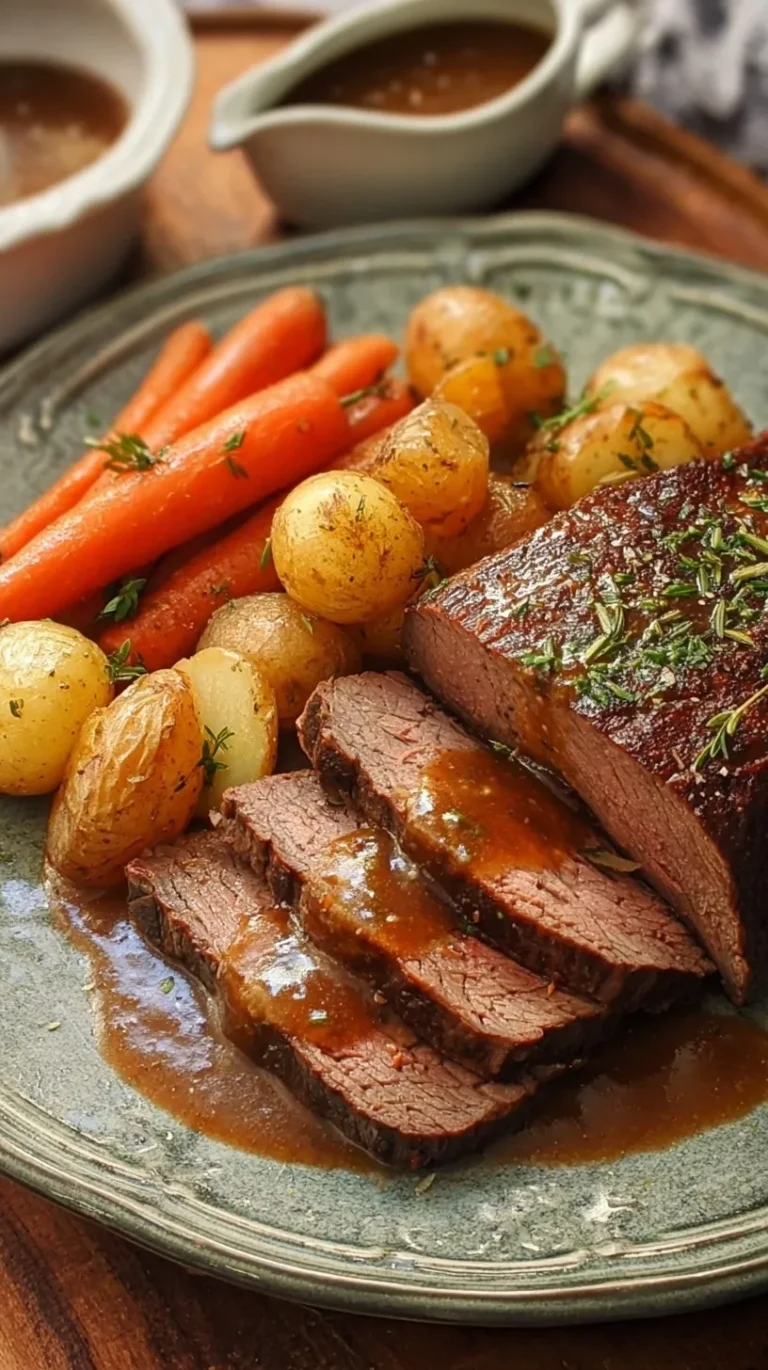 A platter of sliced roast beef with roasted potatoes and carrots topped with brown gravy